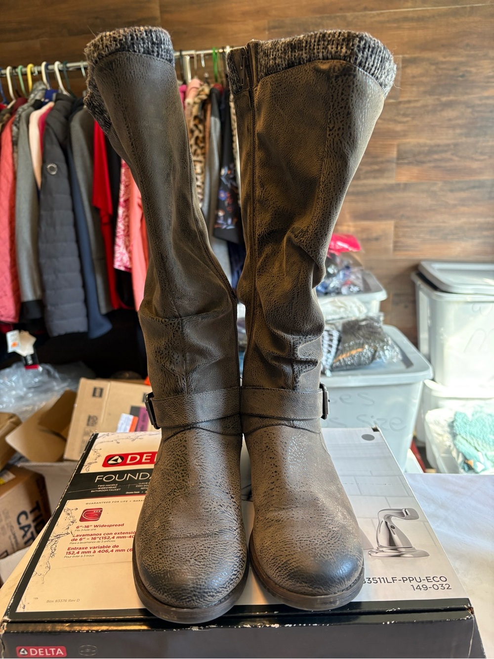 Nicole Tall Knit-Cuff Buckle Boots - Gray